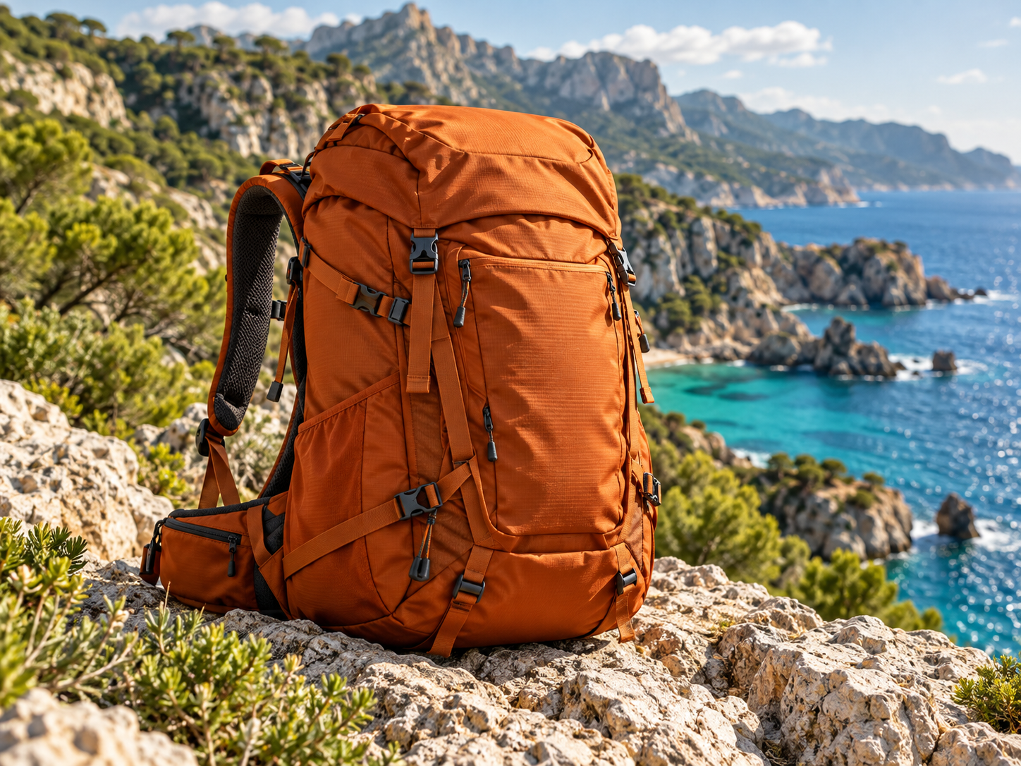 Orange technical backpack on a coastal rock