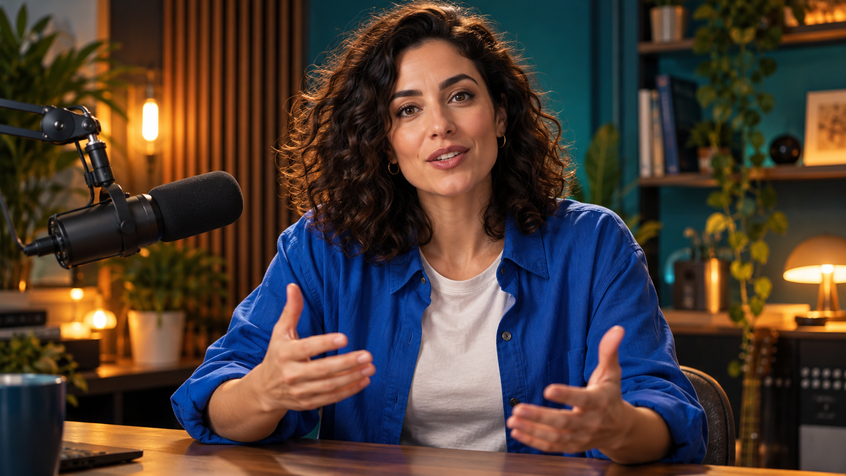 Woman creator in a blue overshirt in a studio